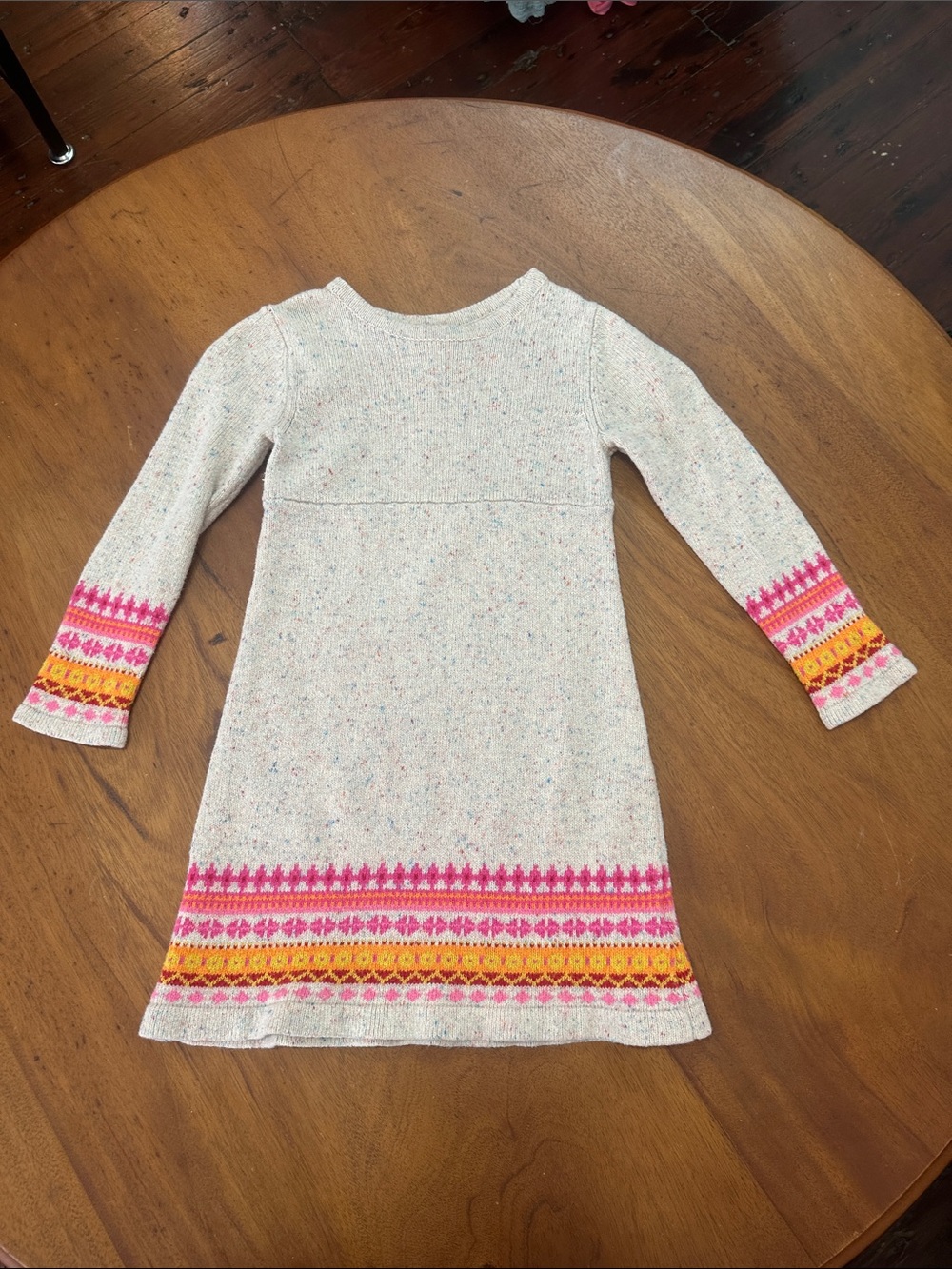 Lands' End Cream Knit Dress with Pink & Yellow Fair Isle Bands Girls Size 4